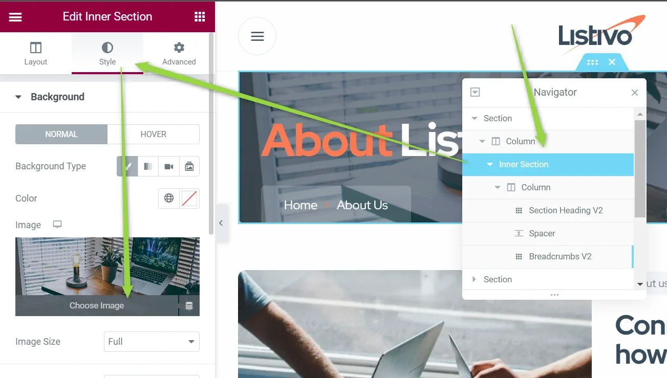 The Edit Inner Section panel on its Style tab, showing Background Type, Color, a Choose Image thumbnail of a desk and Image Size Full; the Navigator on the right has Inner Section selected inside Section > Column.