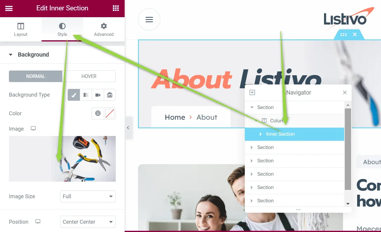 The same Edit Inner Section panel on another About page, with a different background image thumbnail, Image Size Full and Position Center Center; the Navigator lists several sections with one Inner Section highlighted.