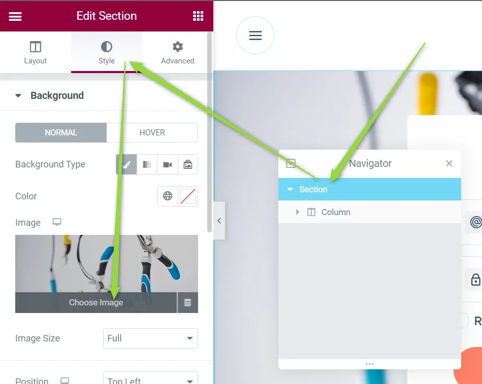 The Edit Section panel — a section, not an inner section — on its Style tab with a background image thumbnail, Image Size Full and Position Top Left; the Navigator beside it shows a single top-level Section containing one Column.