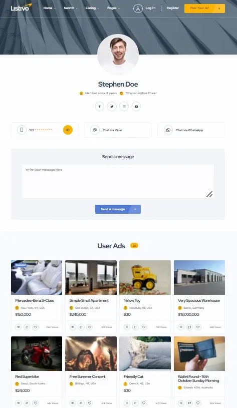 The default Listivo user page: a cover image, the avatar and name Stephen Doe, member since 2 years, social icons, a phone reveal and Chat via Viber and WhatsApp buttons, a Send a message box, and a User Ads grid of eight listings.