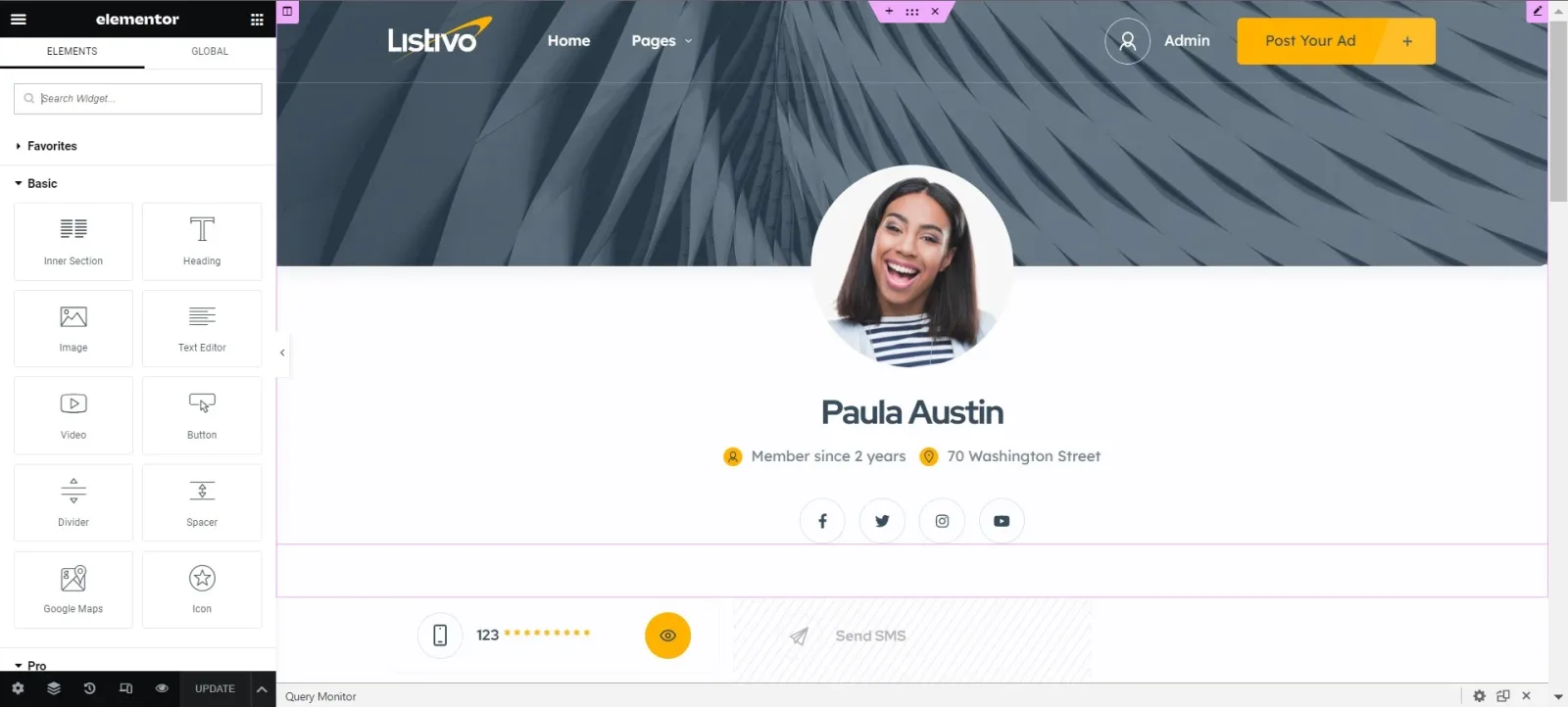 The user page template open in Elementor: the widget panel on the left, and the preview showing the profile of Paula Austin with her avatar, "Member since 2 years", social icons and a phone reveal button.