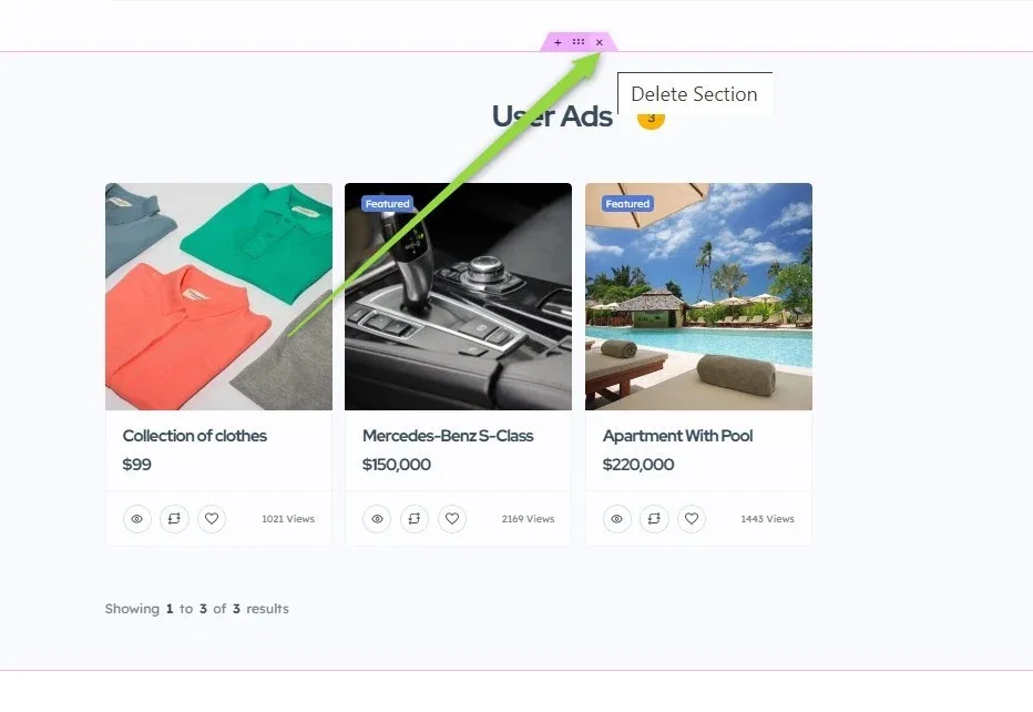 The User Ads section in the editor with three ad cards — Collection of clothes, Mercedes-Benz S-Class and Apartment With Pool — and an arrow pointing to the section toolbar, where the Delete Section tooltip is shown.