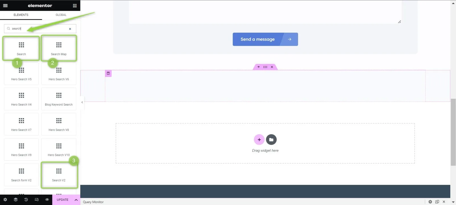 The Elementor Elements panel with "search" typed into the widget search box; the results are a grid of Listivo search widgets, three of which are marked with green dots.