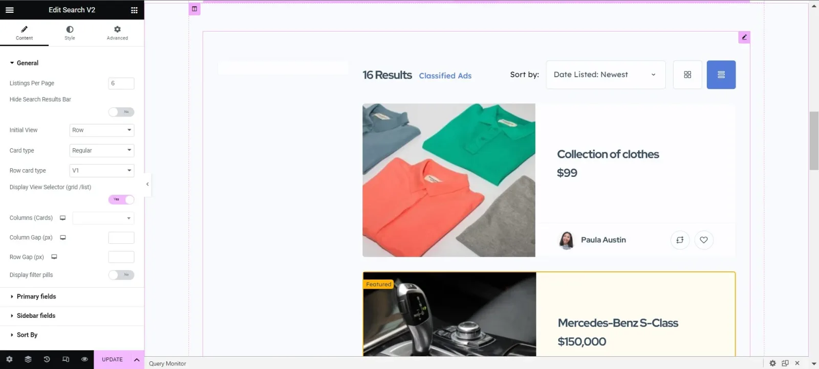 The "Edit Search V2" panel open on the left with its General settings, next to a preview of the search results listing 16 results with the first ad cards below.