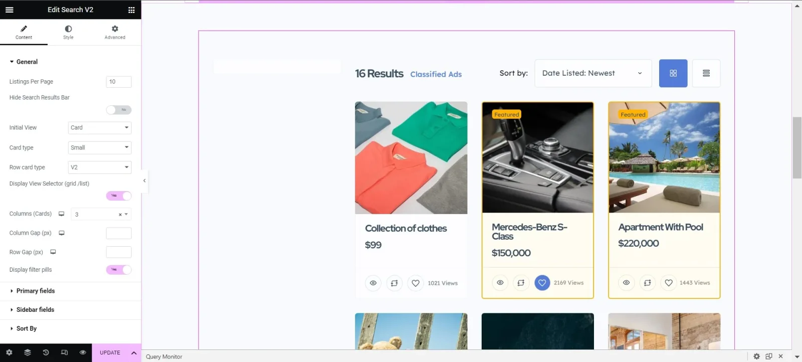 The same template after styling: the results area now shows three ad cards in a row — Collection of clothes, Mercedes-Benz S-Class and Apartment With Pool — with the widget settings still open on the left.