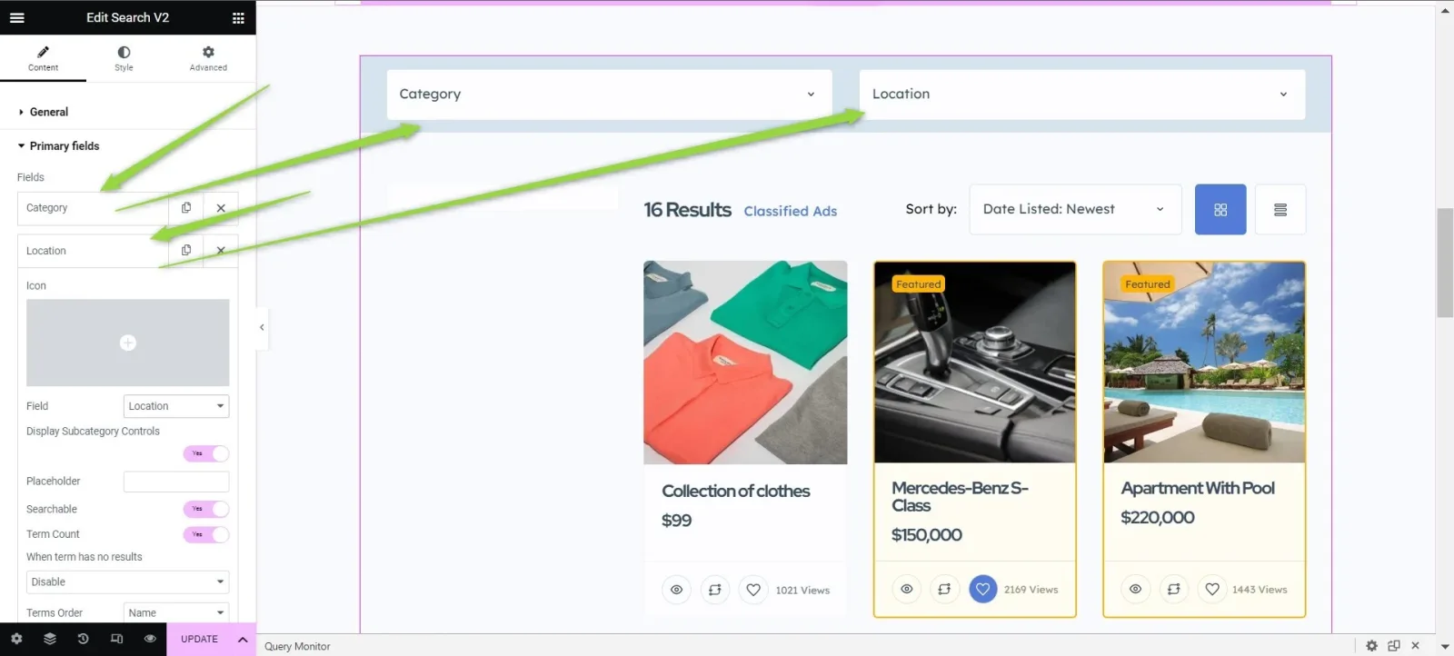 The Primary fields section of the widget settings listing a Category and a Location field; arrows point to the Category and Location dropdowns rendered across the top of the search form in the preview.