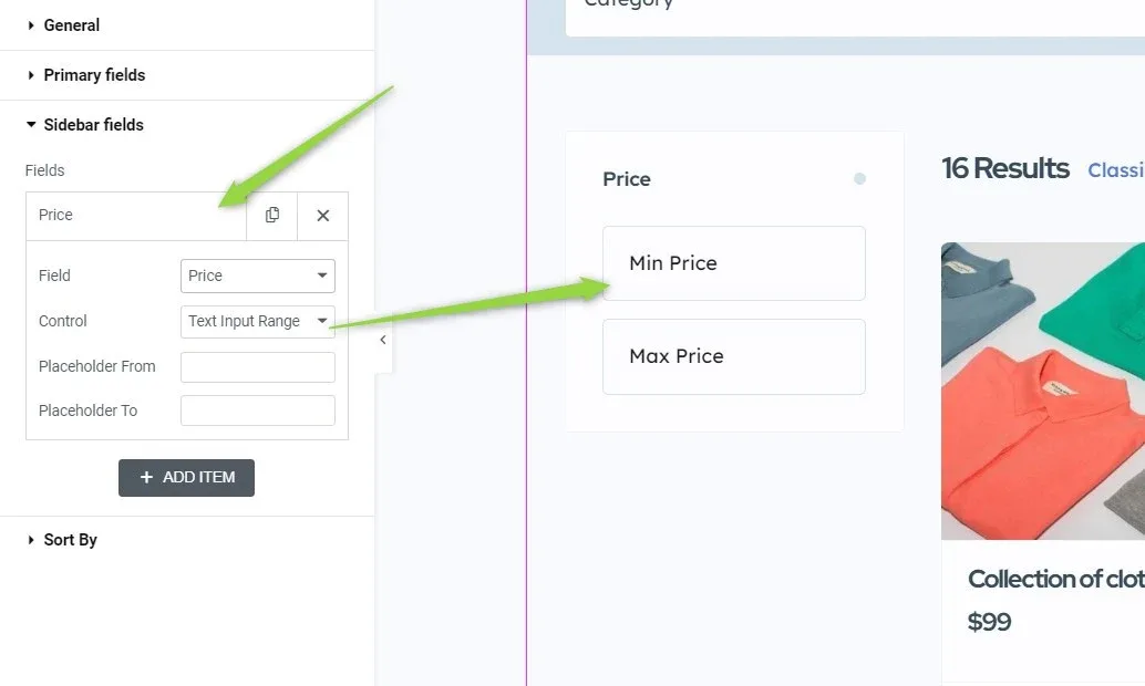 The Sidebar fields section with a Price item expanded — Field set to Price, Control set to Text Input Range — and an arrow pointing to the Min Price and Max Price inputs it produces in the preview.