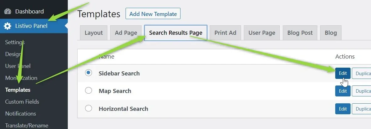 Listivo Panel > Templates on the Search Results Page tab, listing Sidebar Search (selected), Map Search and Horizontal Search; arrows point to the tab and to the Edit button of Sidebar Search.
