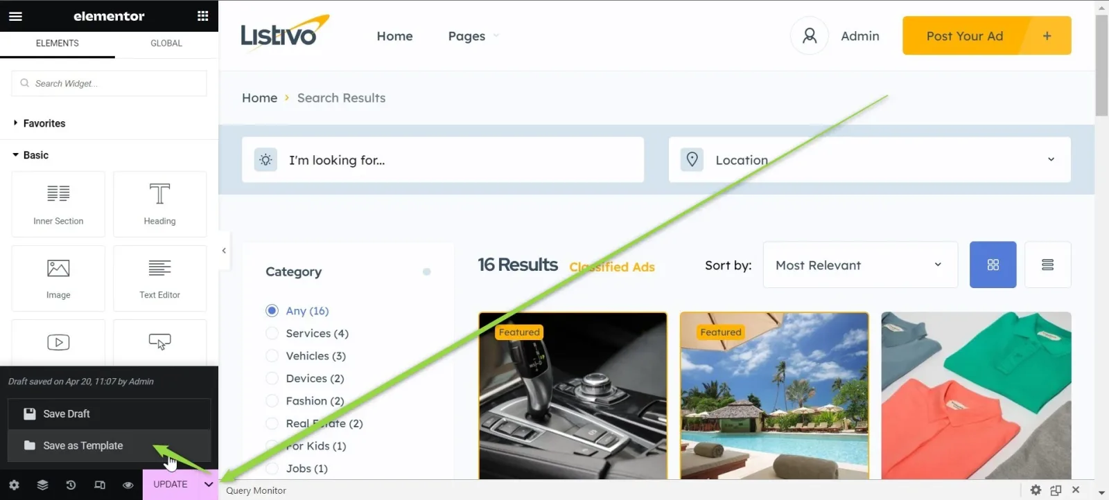 The search results template in Elementor with the menu beside the update button expanded, showing Save Draft and Save as Template; an arrow points to Save as Template.