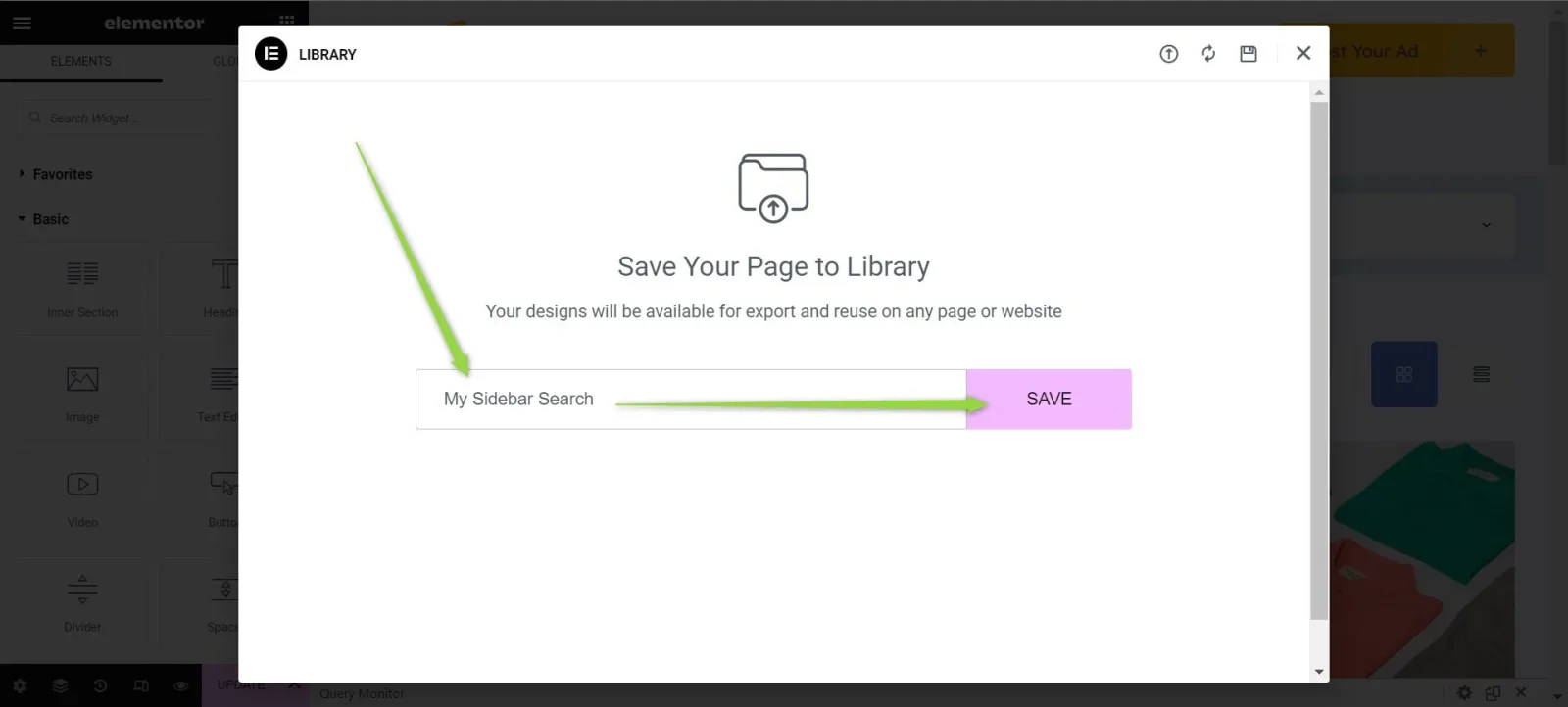 The "Save Your Page to Library" dialog with "My Sidebar Search" typed into the name field and an arrow pointing to the highlighted SAVE button.