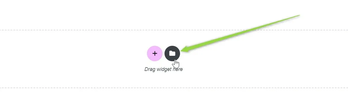 An empty section in the Elementor canvas showing the plus icon for adding a widget and the folder-shaped Add Template icon, with an arrow pointing at the folder.