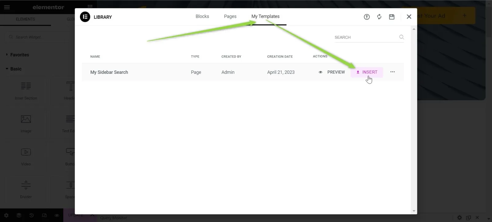 The Elementor Library dialog on the My Templates tab, listing the page template "My Sidebar Search" created by Admin, with Preview and Insert actions; an arrow points to Insert.