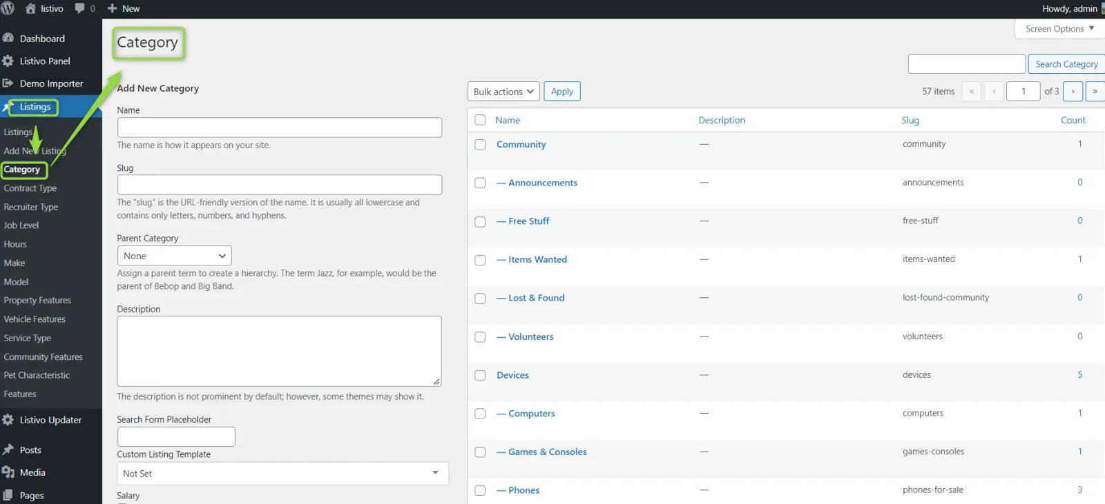 The WordPress Category taxonomy screen opened from the Listivo panel, with the Add New Category form on the left and existing terms such as Community, Announcements, Free Stuff, Lost & Found and Devices listed on the right.