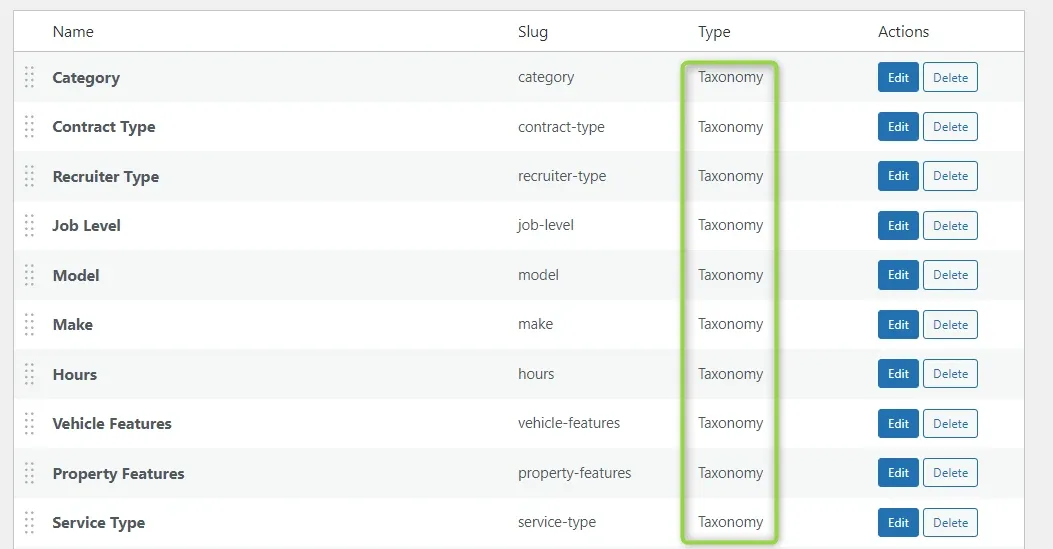 The Listivo custom fields list with the Type column highlighted: Category, Contract Type, Recruiter Type, Job Level, Model, Make, Hours, Vehicle Features, Property Features and Service Type are all of type Taxonomy.