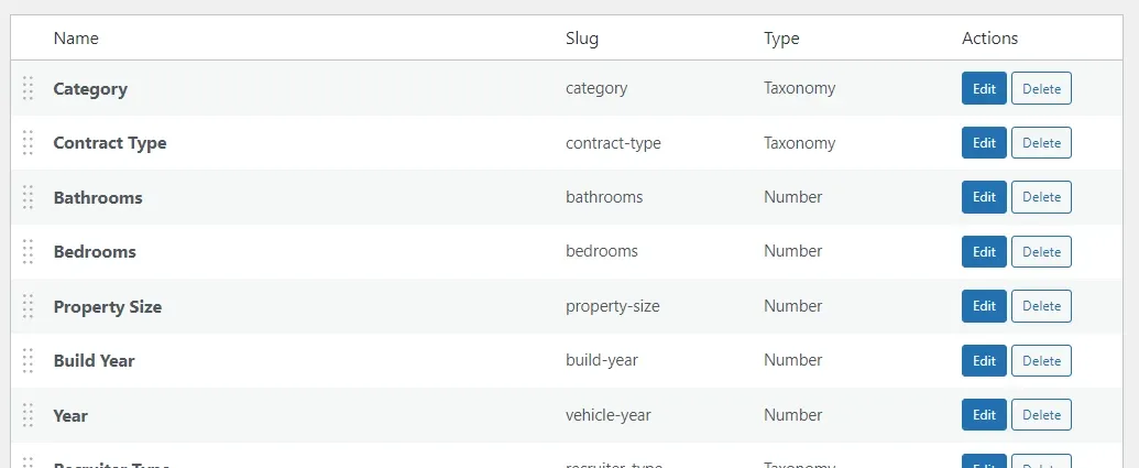 The custom fields list showing Bathrooms, Bedrooms, Property Size, Build Year and Year with the type Number, below Category and Contract Type of type Taxonomy.