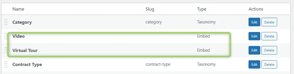The custom fields list with the Video and Virtual Tour rows highlighted, both of type Embed, between the Category and Contract Type taxonomy rows.