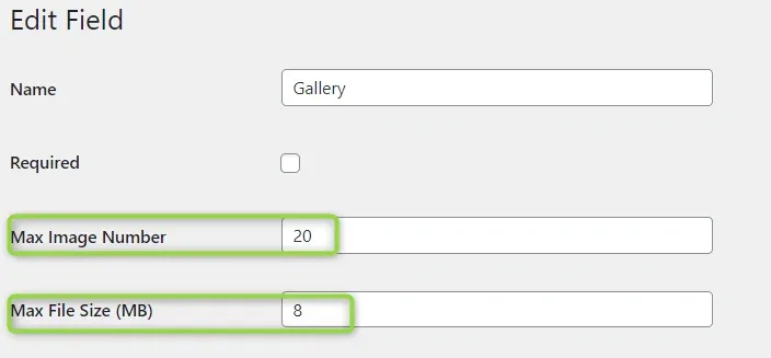 The Edit Field form for a Gallery field, with Max Image Number set to 20 and Max File Size (MB) set to 8 highlighted.