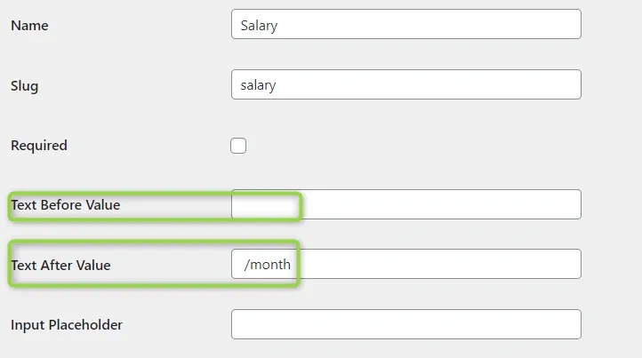 The Edit Field form for a Salary field, with an empty Text Before Value box and a Text After Value box containing /month both highlighted.