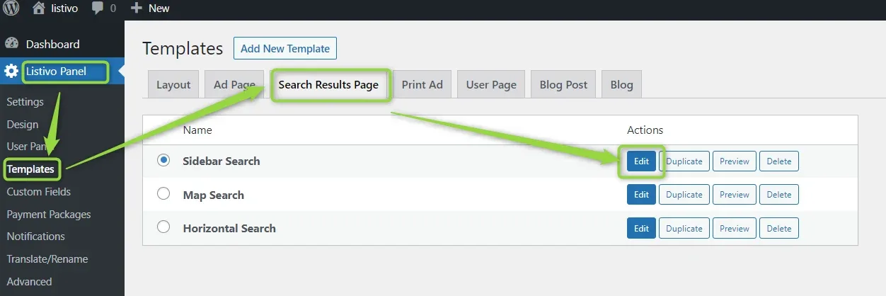 Listivo Panel > Templates with the Search Results Page tab open, listing Sidebar Search, Map Search and Horizontal Search; arrows point at Templates in the sidebar, at the tab and at the Edit button of Sidebar Search.