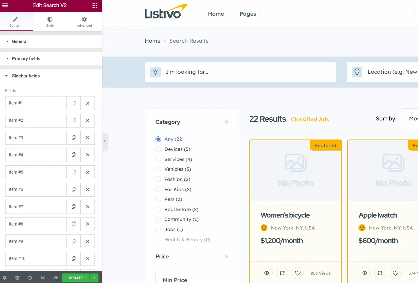 The Elementor Edit Search V3 panel with a Sidebar fields list of numbered items, next to a preview of the search results page showing the search bar, the category filters and listing cards.
