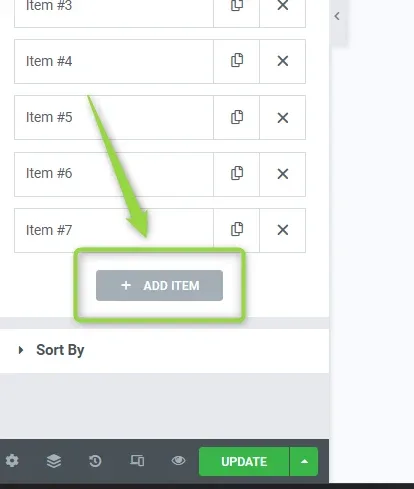 The fields list scrolled down to the ADD ITEM button, outlined with an arrow pointing at it, above the Sort By section and the green UPDATE button.