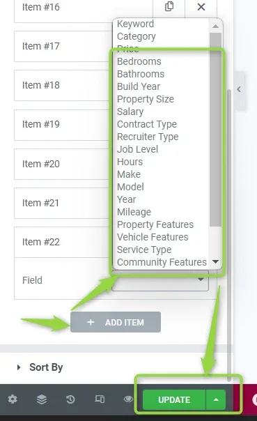 The Field select open on a list of fields — Keyword, Category, Price, Bedrooms, Bathrooms, Build Year, Property Size, Salary, Make, Model, Year, Mileage and more — with arrows pointing at ADD ITEM and at the UPDATE button.