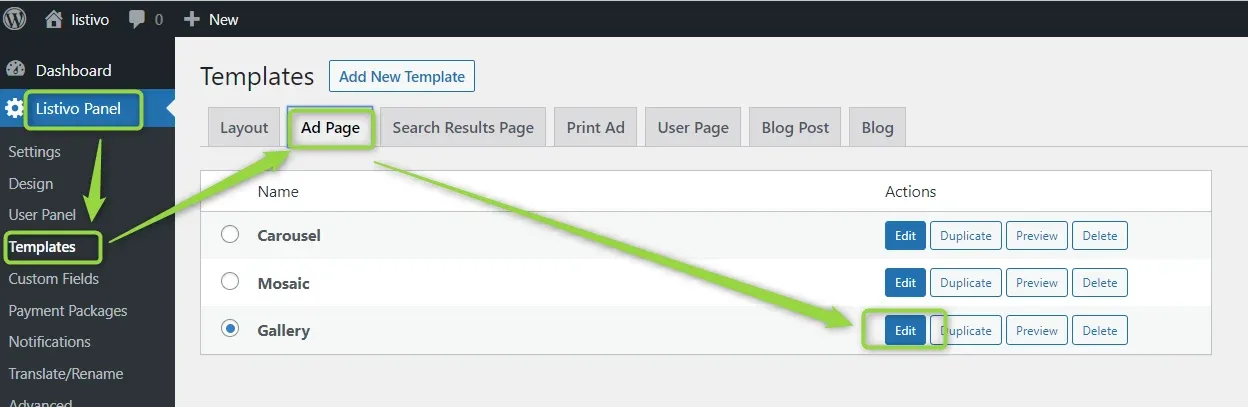 Listivo Panel > Templates with the Ad Page tab open, listing Carousel, Mosaic and Gallery; arrows point at Templates in the sidebar, at the Ad Page tab and at the Edit button of Gallery.