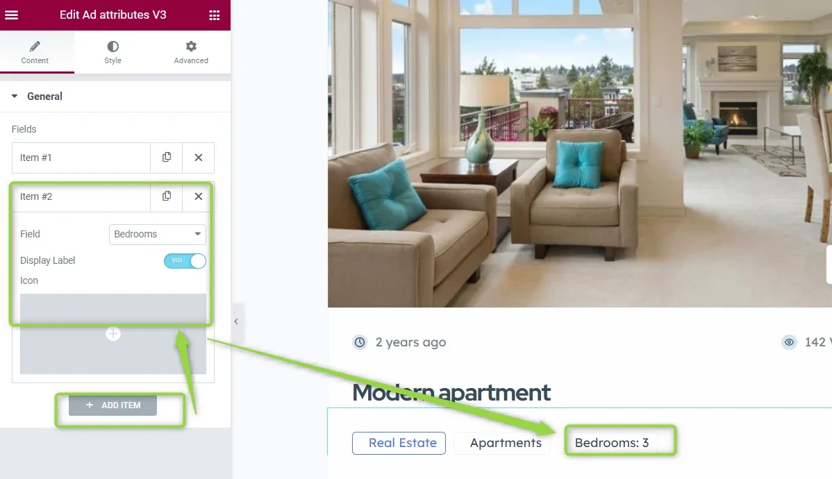 The Edit Ad attributes V3 panel with Item #2 set to the Bedrooms field and Display Label switched on, and an arrow pointing at the Bedrooms: 3 chip on the single ad page preview.