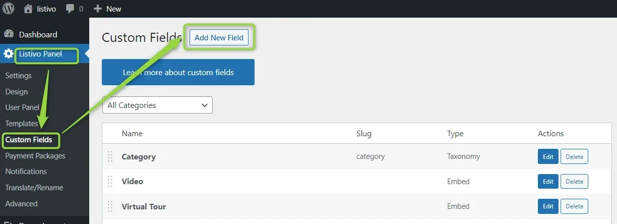 The Custom Fields screen of the Listivo panel with the Add New Field button highlighted and an arrow pointing at Custom Fields in the sidebar; the list below shows Category, Video and Virtual Tour.