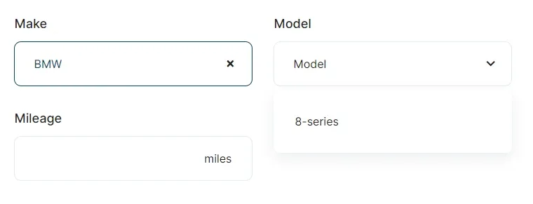 The submit listing form with Make set to BMW and the Model dropdown open next to it, offering only 8-series.