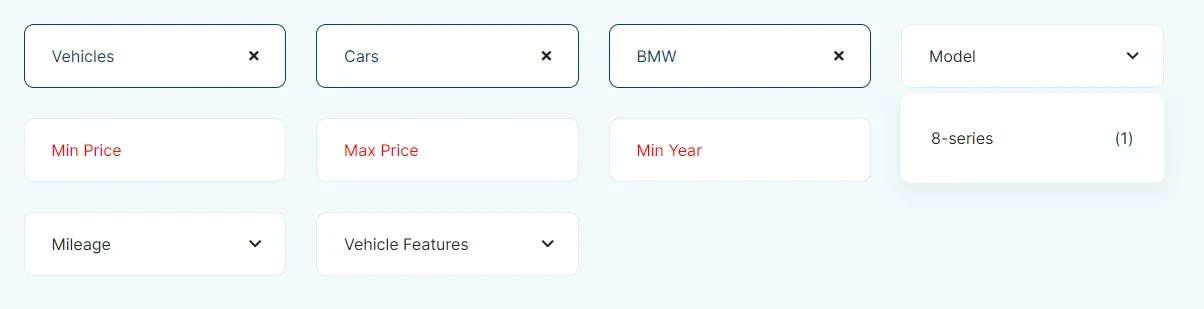 A horizontal search form with Vehicles, Cars and BMW selected and the Model dropdown open below, listing 8-series with a result count of 1.