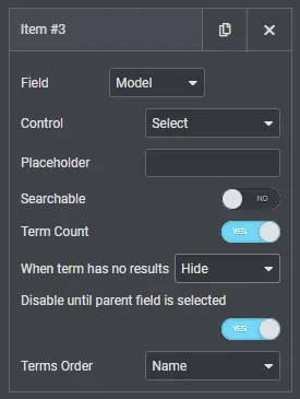 Elementor settings for search item #3: Field set to Model, Control Select, Searchable off, Term Count on, When term has no results set to Hide, and 'Disable until parent field is selected' switched to YES.