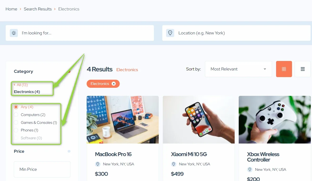Search results filtered to Electronics, with the sidebar Category filter expanded into subcategories: Any, Computers, Games & Consoles, Phones and Software