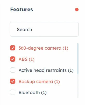 Features filter on the front end with 360-degree camera, ABS and Backup camera ticked, while Active head restraints and Bluetooth are left unticked