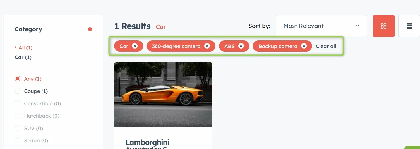 Search results reading 1 Results for Car with filter chips for Car, 360-degree camera, ABS and Backup camera, and a single orange Lamborghini listing below