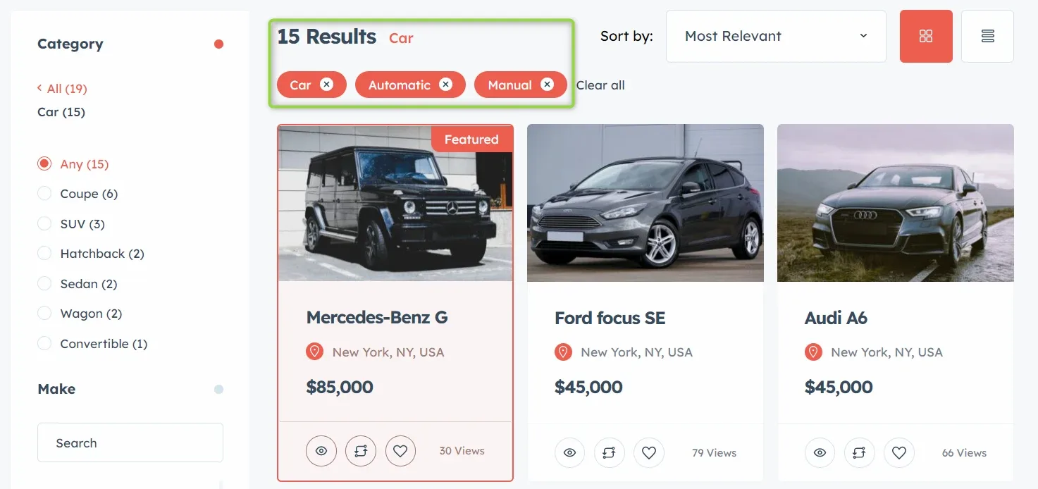 Search results reading 15 Results for Car with filter chips for Car, Automatic and Manual, listing a featured Mercedes-Benz G, a Ford Focus SE and an Audi A6