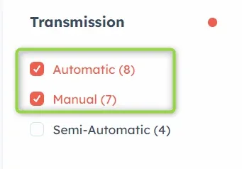 Transmission filter on the front end with Automatic (8) and Manual (7) ticked and Semi-Automatic (4) left unticked