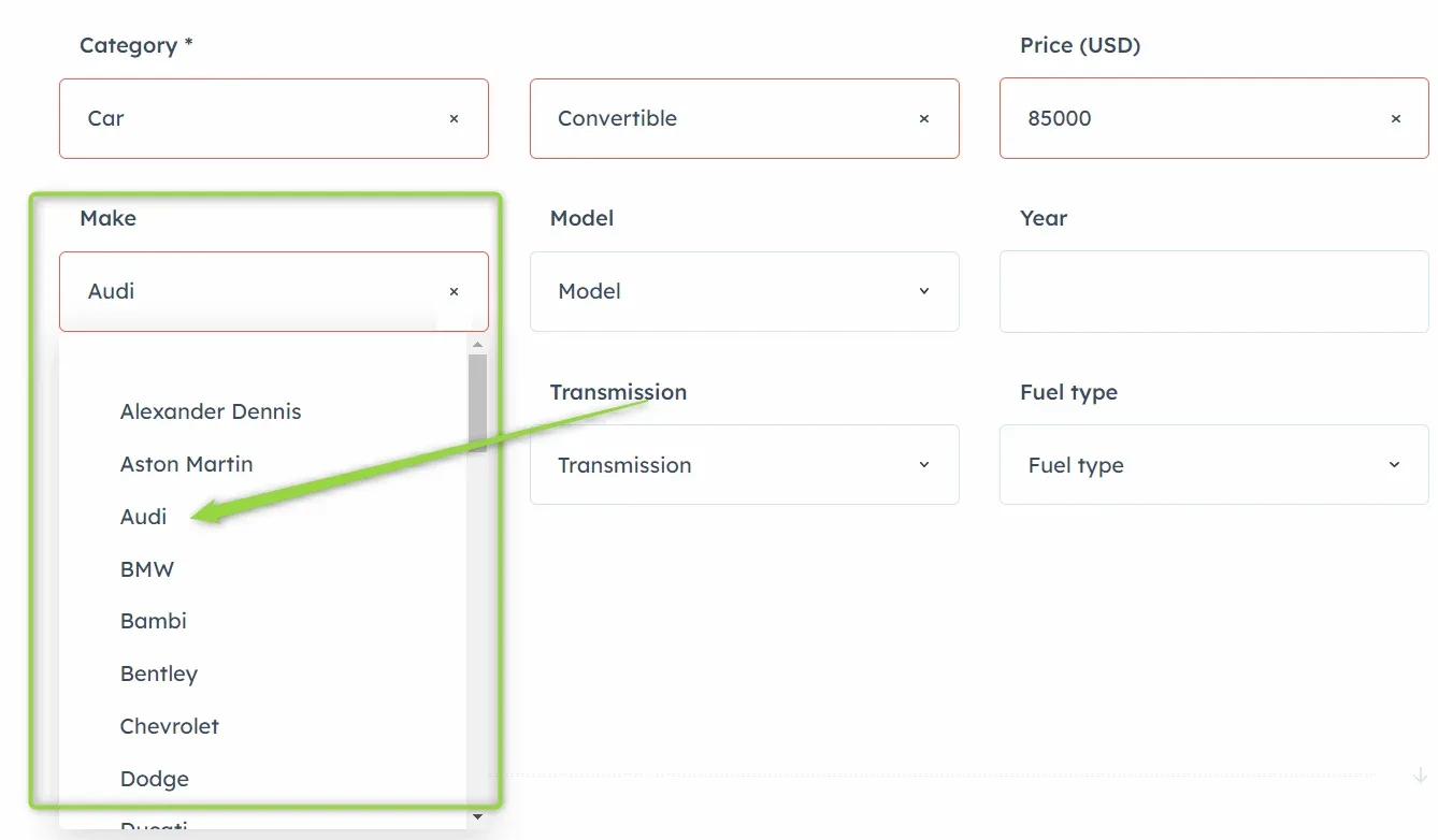 The add-listing form with Category set to Car and Convertible and Price 85000; the Make dropdown is open on a list of manufacturers with Audi picked, while Model, Year, Transmission and Fuel type are still empty.