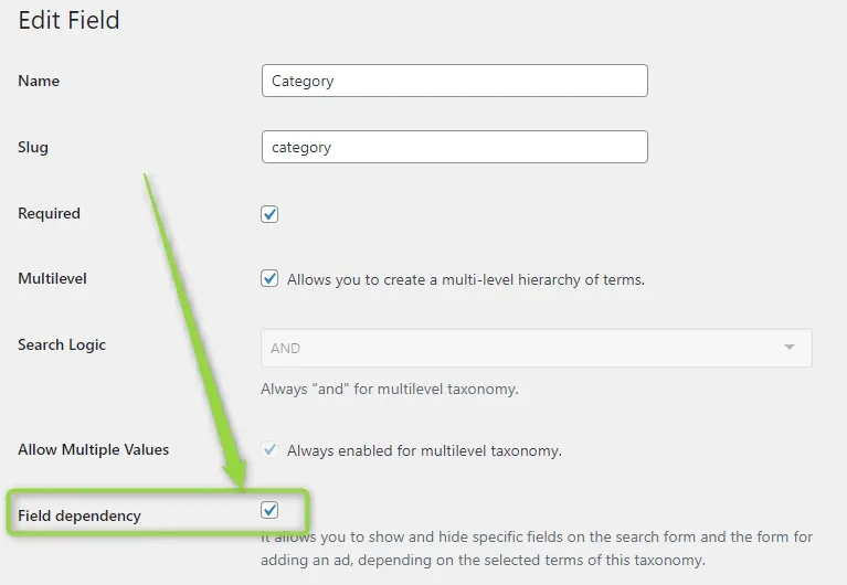 Edit Field screen for the Category field with the Field dependency checkbox ticked at the bottom, below Multilevel, Search Logic and Allow Multiple Values