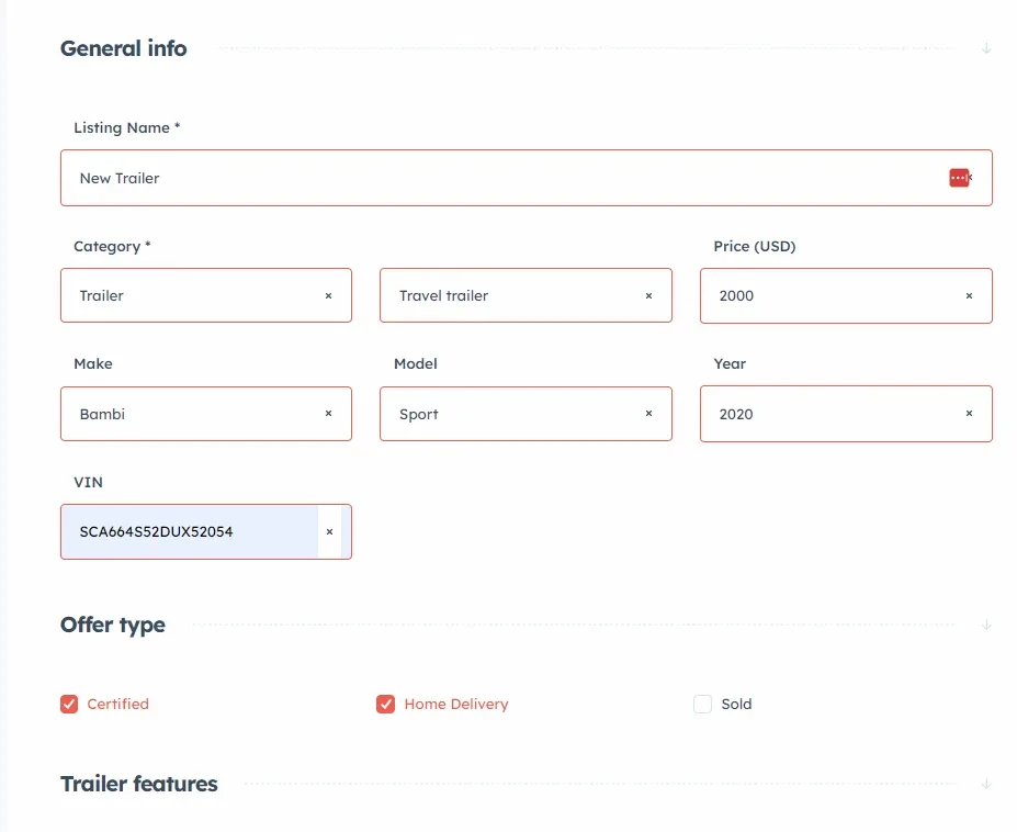 General info section of the add-listing form for a trailer, with Listing Name, Category, Price, Make, Model, Year and VIN filled in, then Offer type and Trailer features — no mileage or transmission field