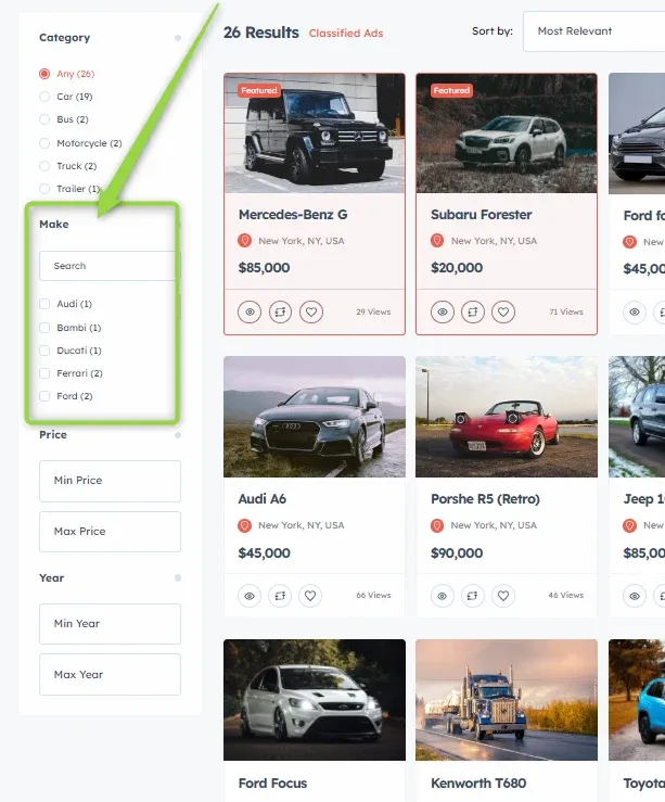 Search results for all 26 ads with the sidebar filters Category, Make (highlighted, listing Audi, Bambi, Ducati, Ferrari and Ford), Price and Year, and no VIN filter