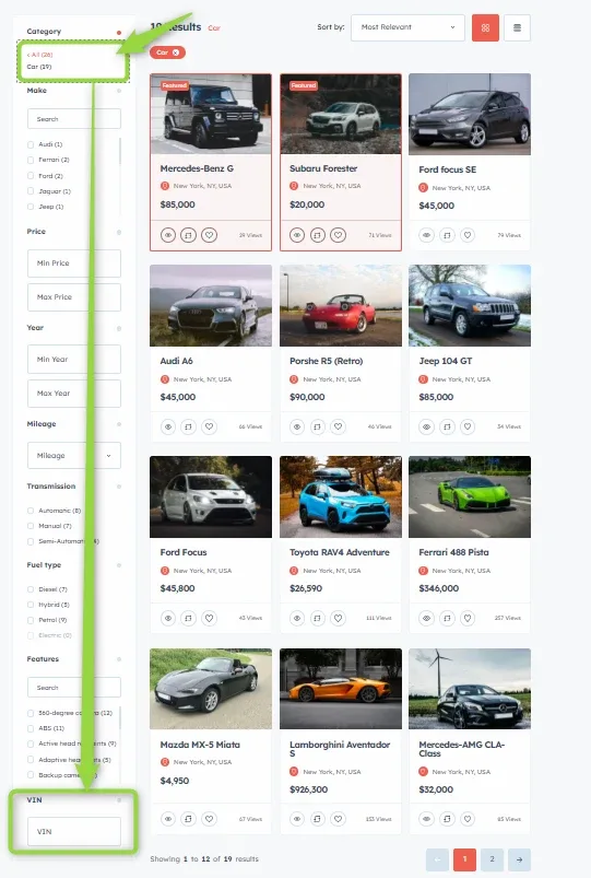 Search results with the Car category selected; the sidebar has grown to Make, Price, Year, Mileage, Transmission, Fuel type, Features and a VIN box highlighted at the bottom