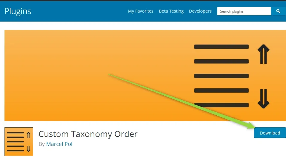 The WordPress.org plugin page for Custom Taxonomy Order by Marcel Pol, with an arrow pointing at the blue Download button.