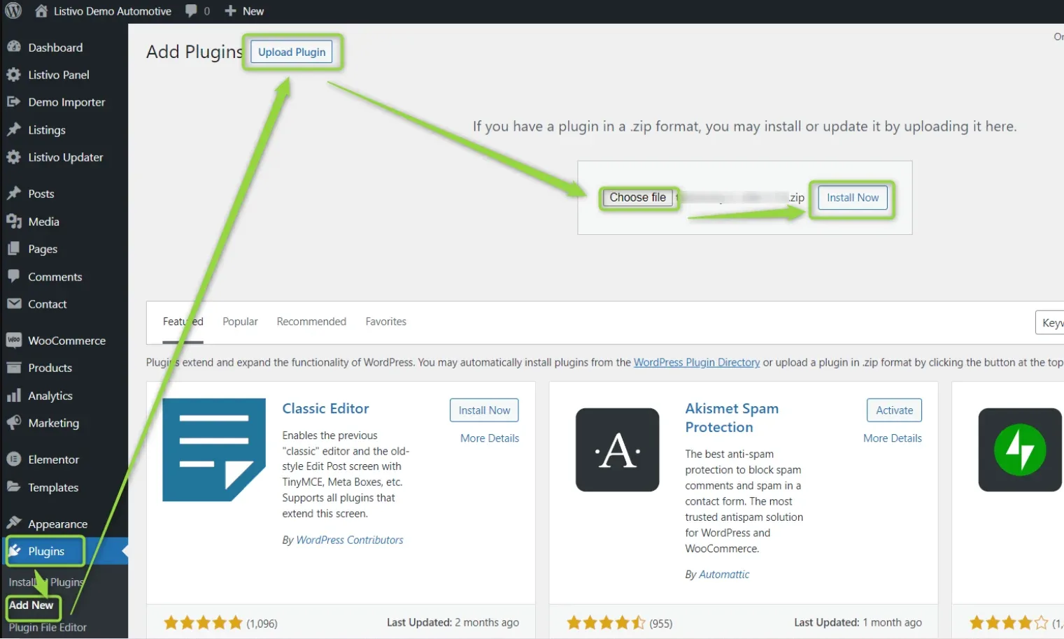 The WordPress Add Plugins screen with the upload panel open and arrows pointing at the Upload Plugin button, the Choose file box and Install Now.