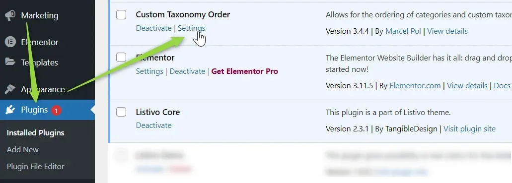 The Plugins list showing Custom Taxonomy Order by Marcel Pol, version 3.4.4, with the cursor on its Settings link, above Elementor and Listivo Core.