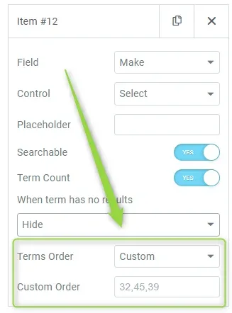 Elementor settings for search item #12: Field set to Make, Terms Order set to Custom, and an empty Custom Order box showing only the greyed hint 32,45,39.