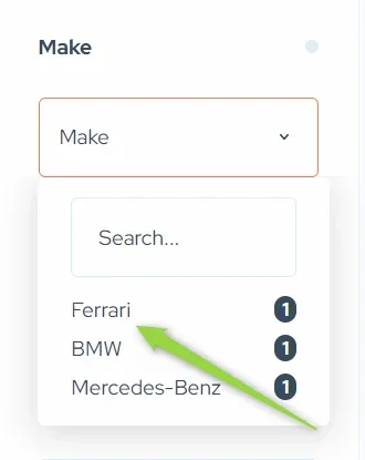 The Make dropdown on the front end, open with a search box and listing Ferrari first, then BMW and Mercedes-Benz, each with a count of 1.