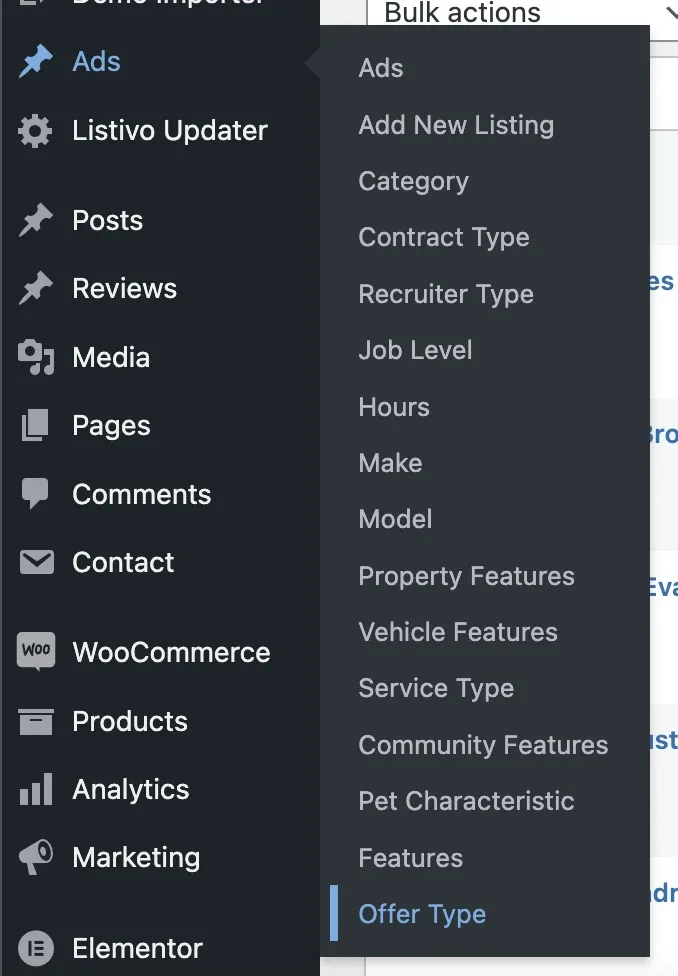 The WordPress sidebar with the Ads submenu open, listing Ads, Add New Listing, Category, Contract Type, Recruiter Type, Job Level, Hours, Make, Model and other taxonomies, with Offer Type highlighted at the bottom.