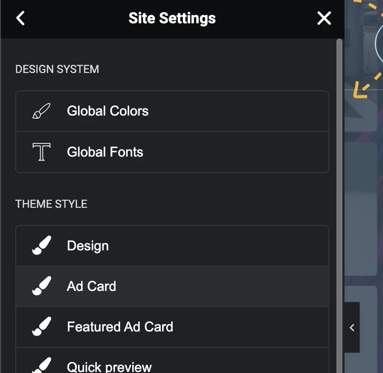 The Elementor Site Settings panel: Global Colors and Global Fonts under Design System, and Design, Ad Card, Featured Ad Card and Quick preview under Theme Style.