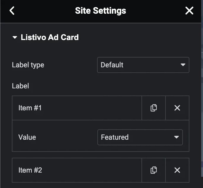 The Listivo Ad Card settings in Elementor with Label type set to Default and Item #1 expanded, its Value set to Featured.